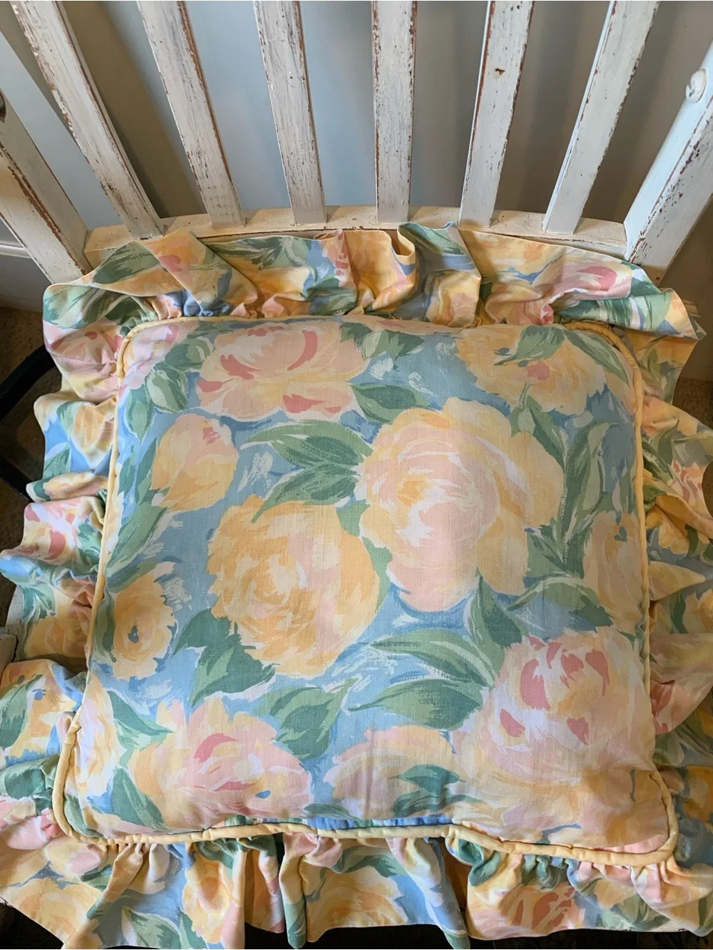 Vintage Croscill Floral Ruffled Throw Pillow in Pastel Yellow, Pink, Blue, Green